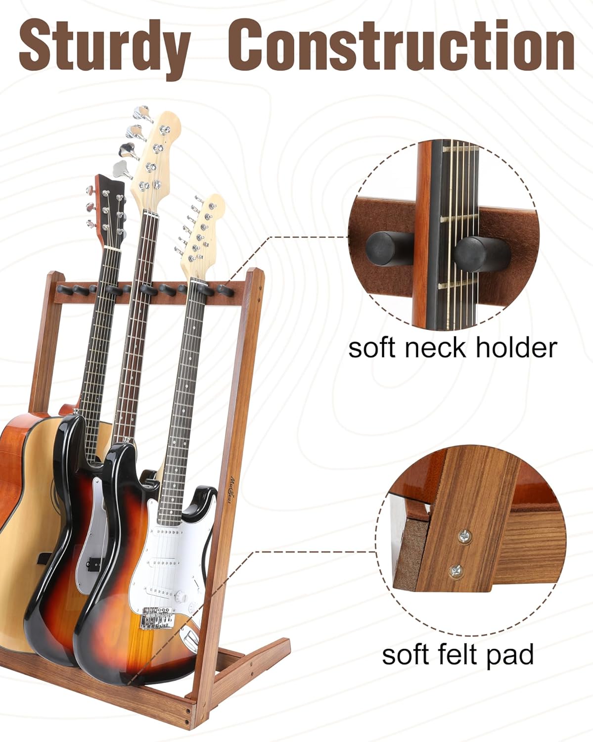 Multiple Guitar Stand, Zebra Wood Guitar Rack for 3 Acoustic, 5 Electric or 5 Bass, Hardwood Multi Instrument Stand for Men, Wooden Floor Instrument Racks for Studio Display, Home Decor