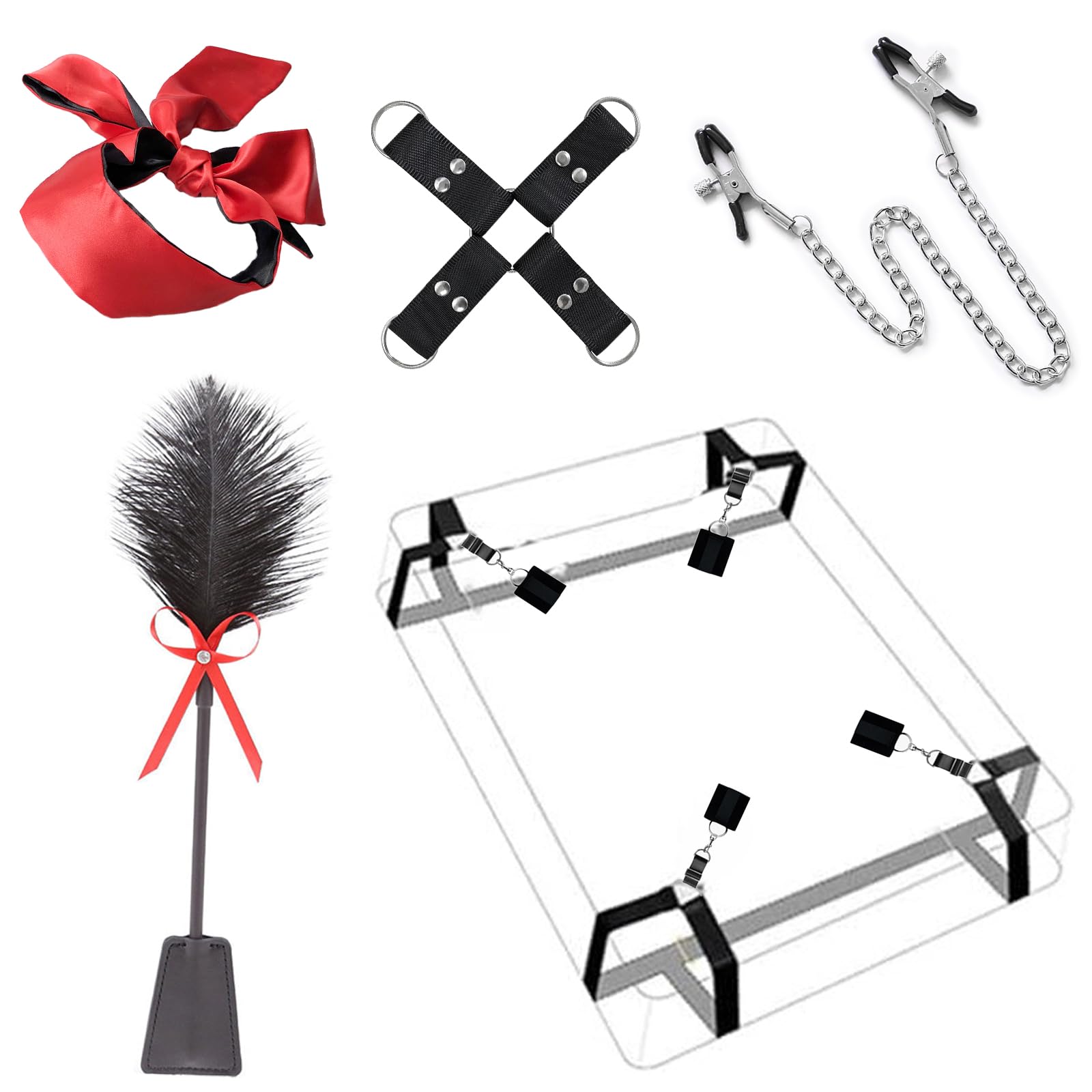 Menottes Sex Lit(4-coins) Kit Sex Toýs Couple,Retenue et Bondage Lit Set Accessoires,Menottes Sexy érotique Pinces pour Mamelon Oeillères Sexe Jeux Sexuelle Adulte Couple (Lit-5pcs)