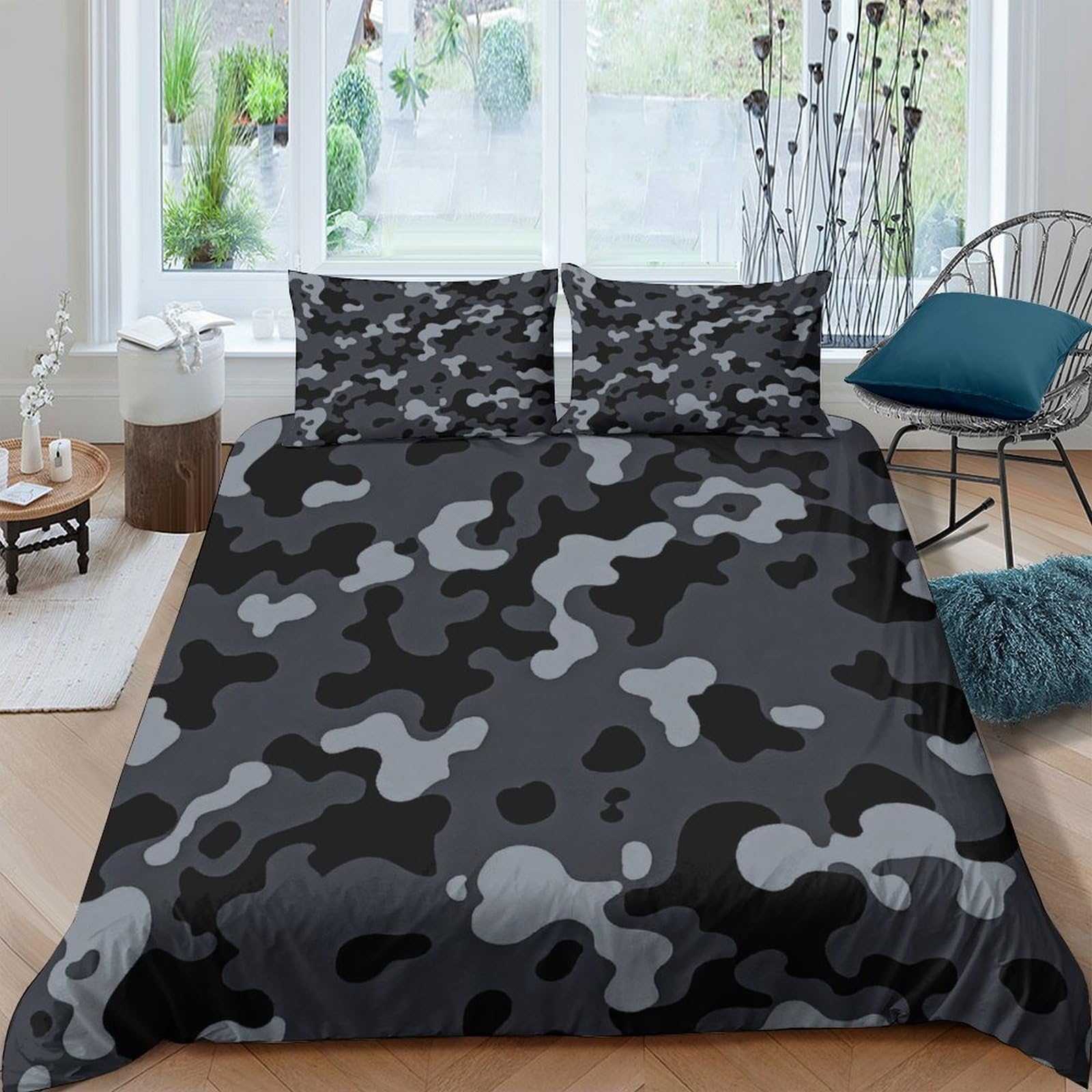 GPLZQXKJNH 3D Printed Black Grey Camouflage Duvet Cover Set Microfiber Soft Breathable Urban Camo Bedding Set with 2 Pillowcases for Bedroom Home Single（135x200cm）