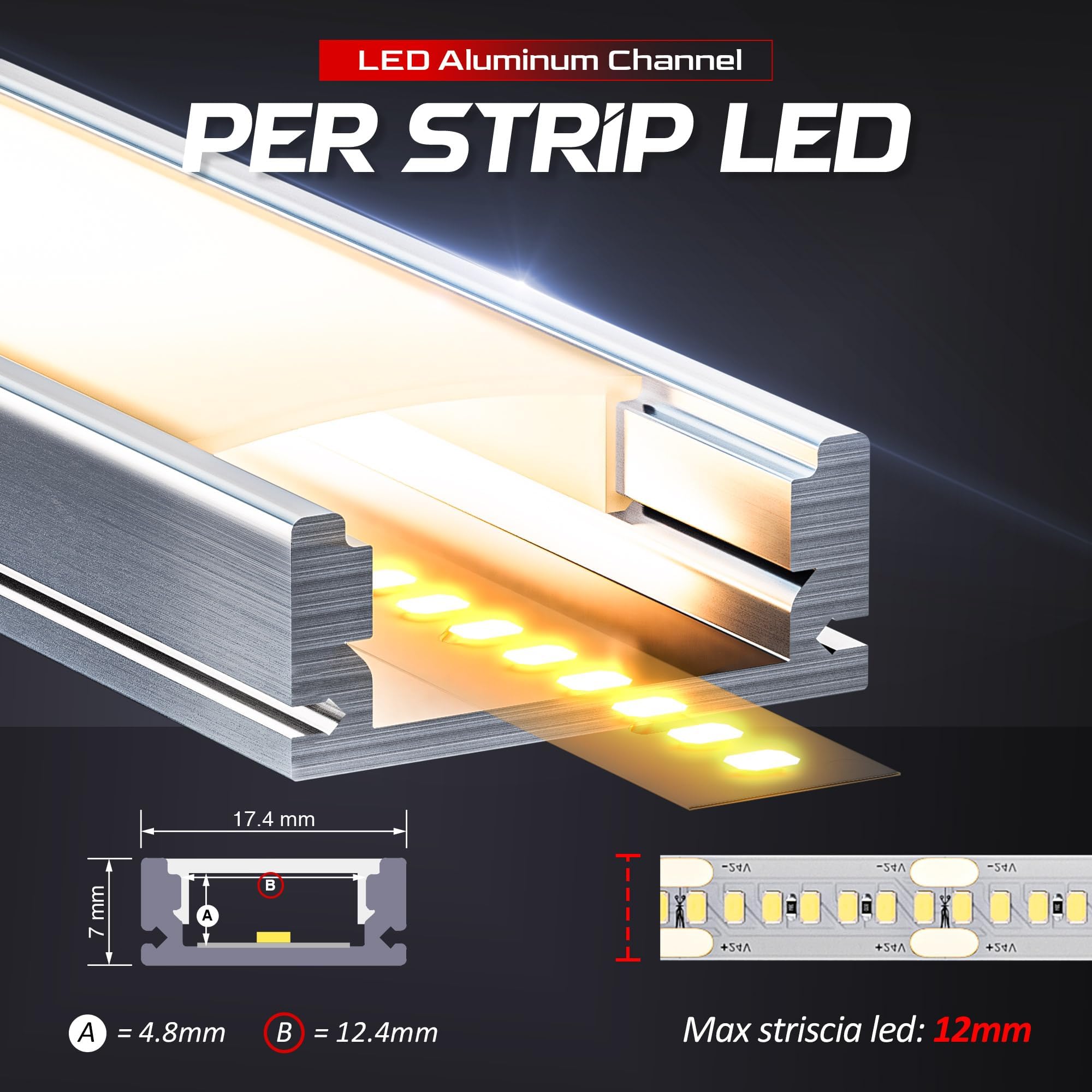 Szeroki profil LED, kanał aluminiowy, 10 x 2 m, 20 m, aluminium, profesjonalny do taśm LED/taśm LED z mleczną bielą, materiał montażowy do taśm LED, dł. 2000 x 17,4 x 7 mm