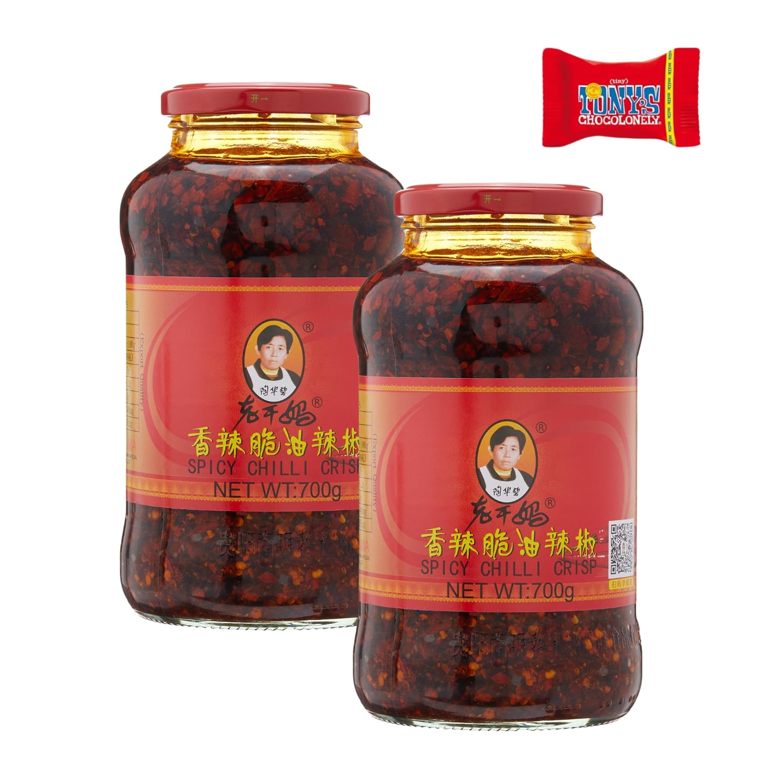 Lao Gan Ma Pâte de piment grillé, 2 x 700 g, pâte de piment grillé, piments croustillants à l'huile, flocons de piment grillés au poivre zsechuan, avec barre de chocolat Tony's Chocolonely Trinovi