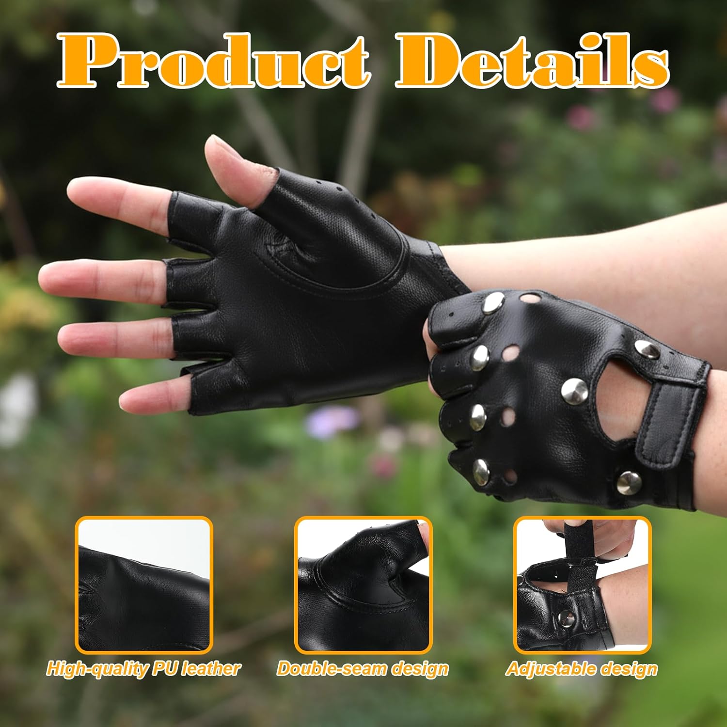 Black Leather Gothic Fingerless Gloves, Halloween PU Leather Half Finger Glove Retro Steampunk Leathers Punk Glove, Leathers Punk Gloves Black Fingerless Glovess for Women Teens Cosplay Party - Image 3