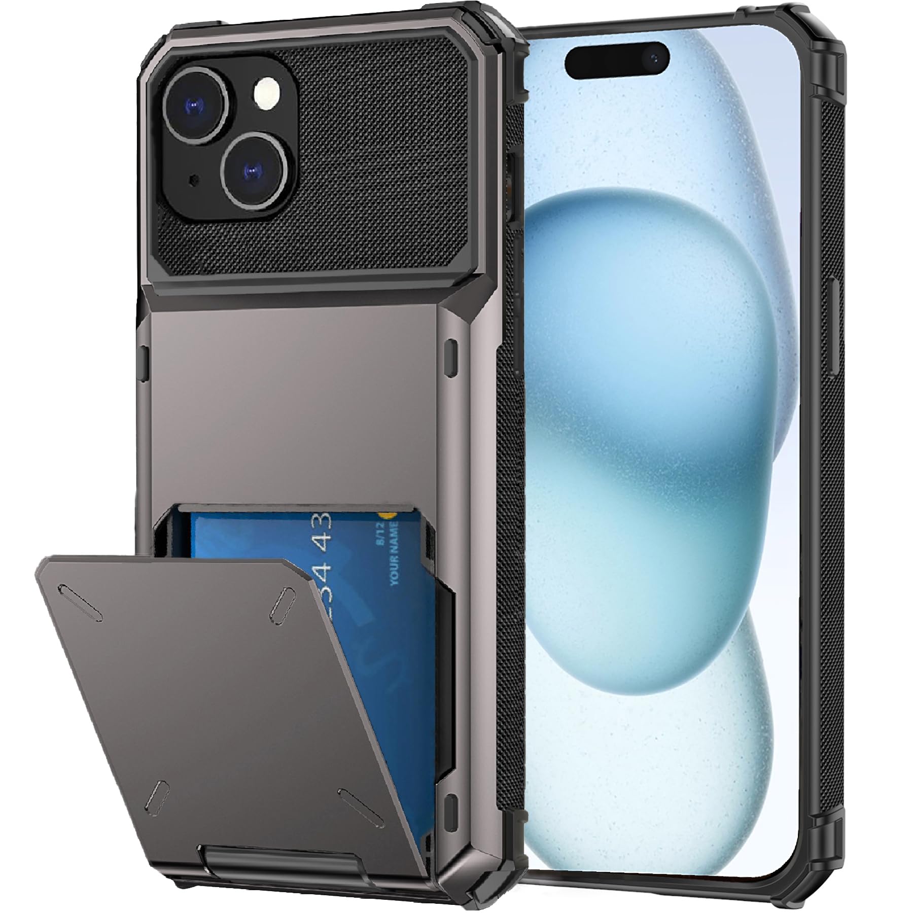 rojarou for iPhone 15 Plus Case with Card Holder[Store 5 Cards] Wallet Case with Hidden Card Slot, Heavy Dual Layer Shockproof Protective Phone Case for Apple iPhone 14 Plus Cover,Grey