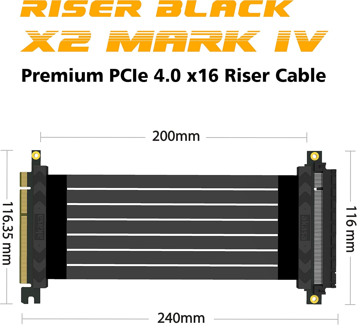 Akasa Riser Black X2 Mark IV | PCIe 4.0 x16 Riser Cable | PCIe Extension Cable | GPU Riser Cable | EMI Shielding | 200 mm | for Gaming PC and Computer Modding | AK-CBPE03-20B