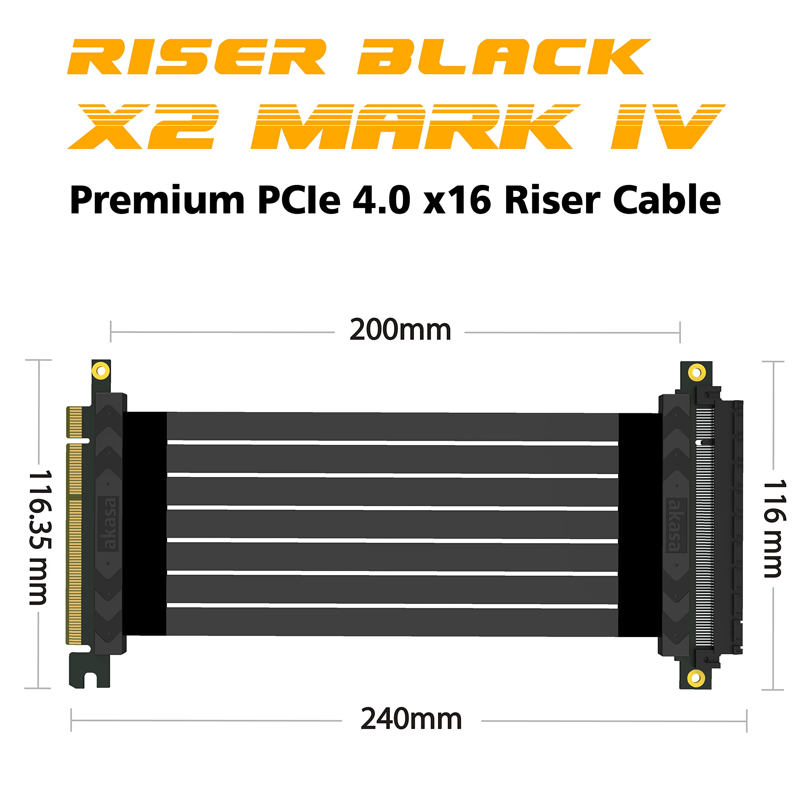 Akasa RISER BLACK X2 Mark IV | Cavo Riser PCIe 4.0 x16 | Cavo di prolunga PCIe | Cavo Riser GPU | Schermatura EMI | 200 mm | Per PC da gioco e computer Modding | AK-CBPE03-20B