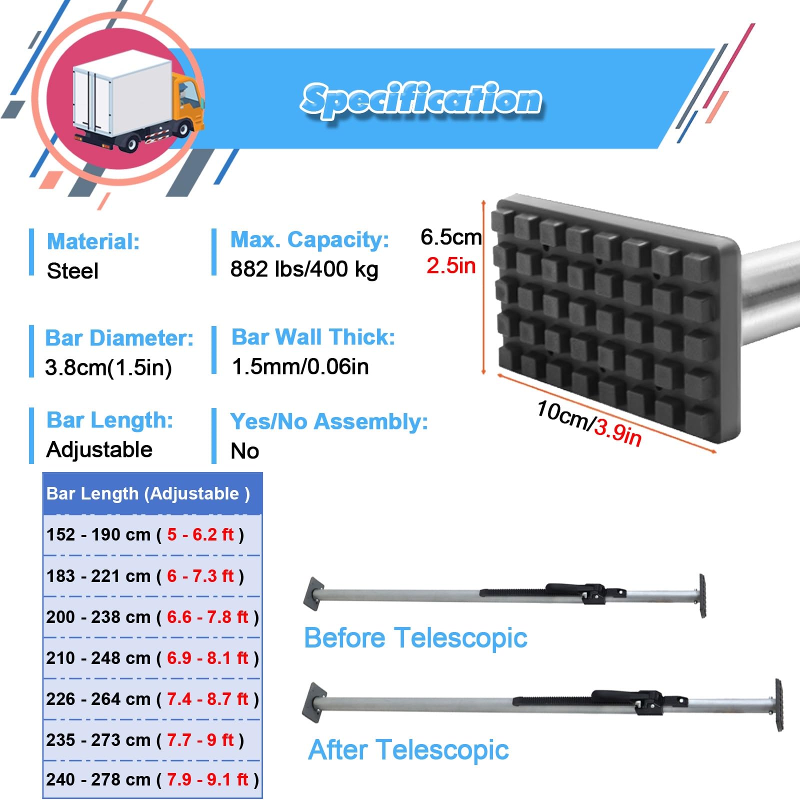 Drążek ładunkowy, regulowany, wytrzymały stabilizator o udźwigu 400 kg do łóżka i przyczepy, zabezpiecza i stabilizuje obciążenia (2,3-2,7 m)