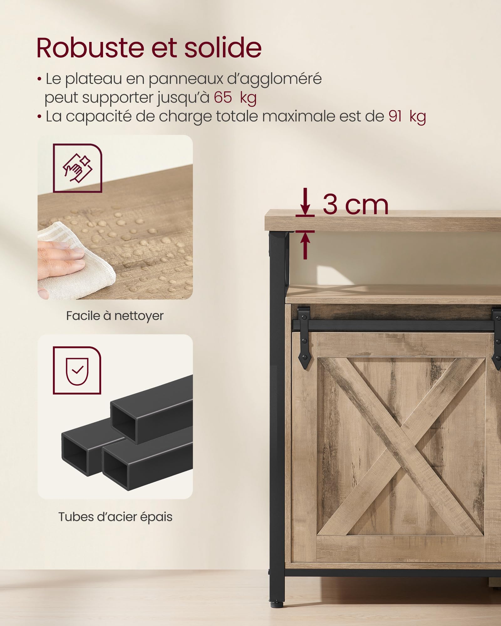 VASAGLE Meuble TV, Support pour Téléviseur Jusqu’à 65 Pouces, avec Étagères Réglables, Portes Imitation Grange, Style Rustique, Cadre en Métal, Marron Camel et Noir Simple LTV071B50V1