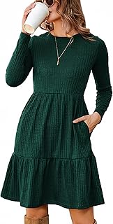 Zeagoo Knitted Dress Women's Green Long Sleeve Crew Neck Jumper Dress Knee-Length Casual Autumn Dress with Pockets Plain A Line Dresses Autumn Winter Green S