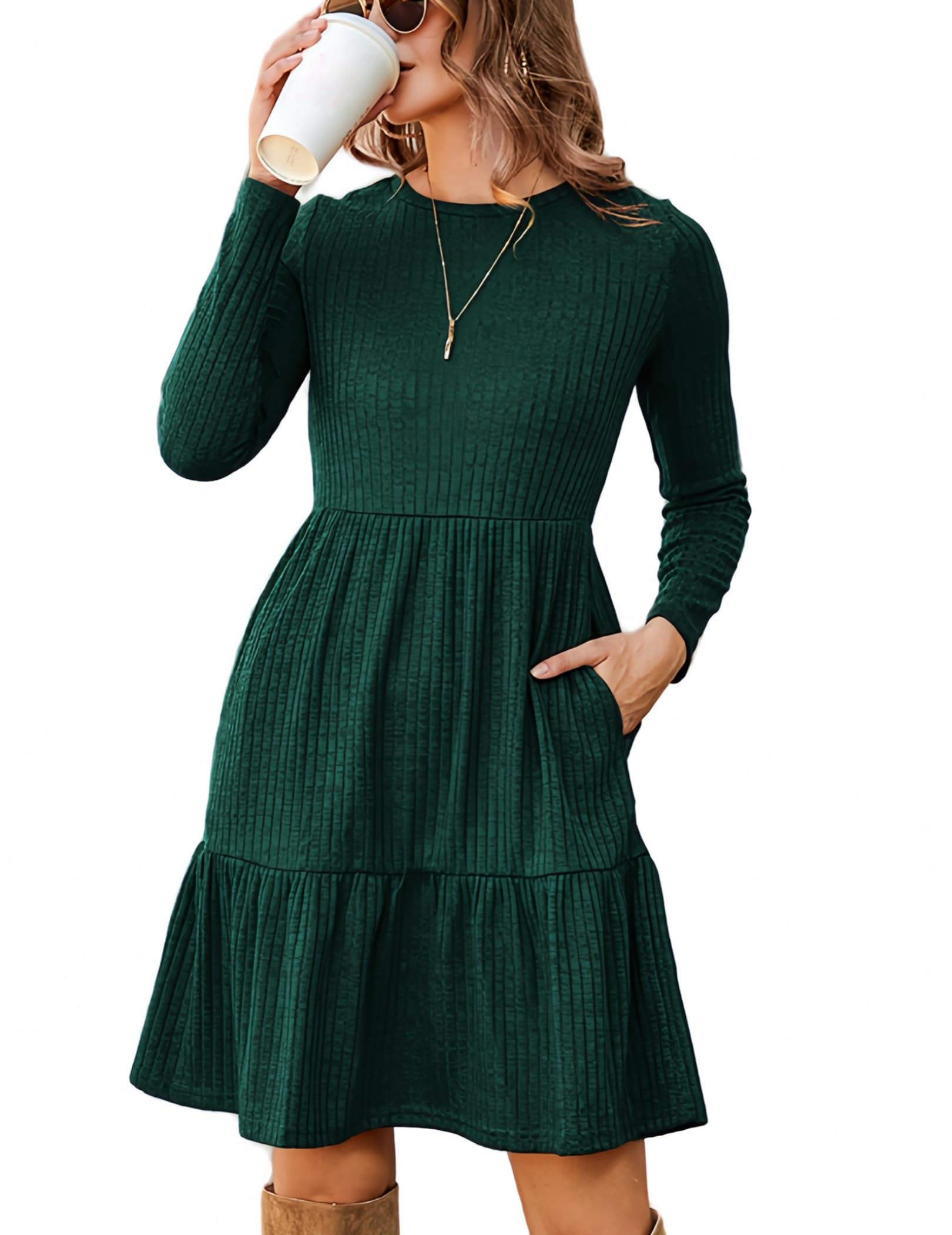 Zeagoo Damen Kleider Langarm Rundhals Herbstkleid mit Taschen Elegant Knielang Kleid Winter Frühling