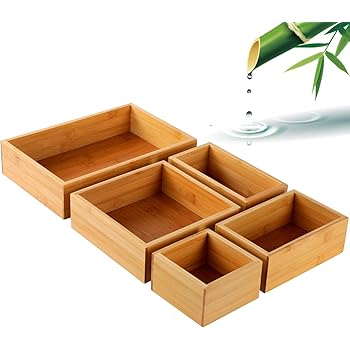 5-Piece Bamboo Drawer Organizer Set, Multi-use Storage Box Set, Varied Sizes Junk Drawer Organizer for Office, Home, Kitchen, Bedroom, Bathroom by Pipishell