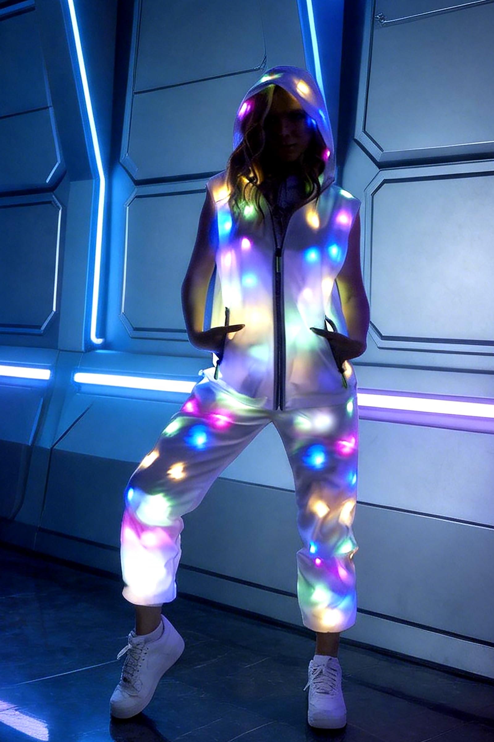 Giacca con cappuccio con luce a LED, per donne e uomini, 3 modalità (lampeggio lento/lampeggiante veloce/fisso), lavabile, per feste e rave