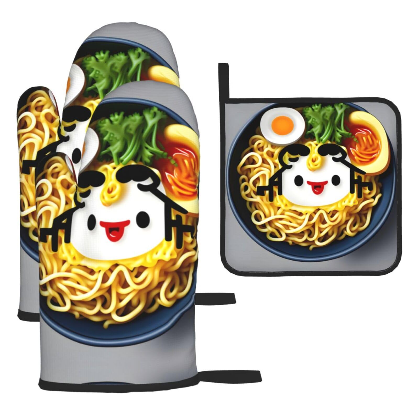 Egg Cup Noodle Ramen Print Oven Mitts and Pot Holders,Non-Slip Pot Holders for Kitchen,Thick Potholders for Baking Grilling