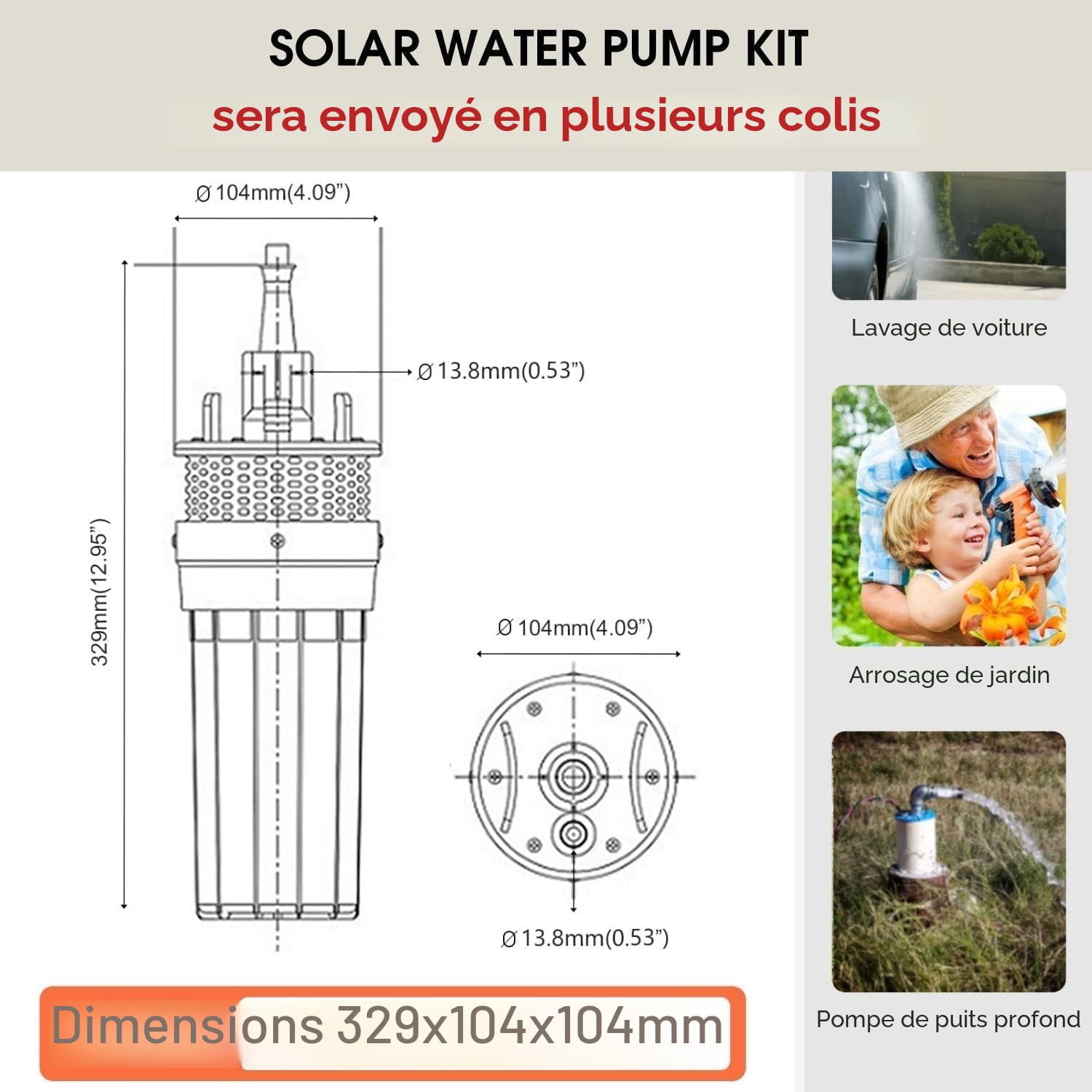Pompe à puits solaire, ensemble de pompe à puits profond solaire 100W, pompe submersible 12V (96 W) avec panneau solaire 100W pour arrosage, pompage