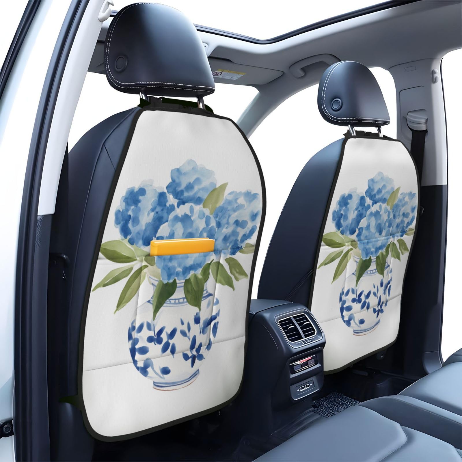 Watercolor Flower Bowl Vase Blue Hydrangeas Car Seat Back Kick Protectors,2 Pack Kick Mats with Storage Pockets for Vehicles to Protect from Dirt Mud Scratches