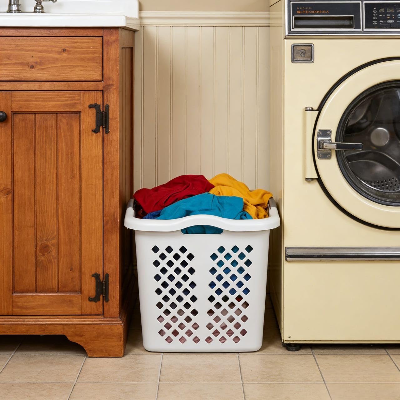 2-bushel capacity laundry baskets with silver handles, white, 2-pack
