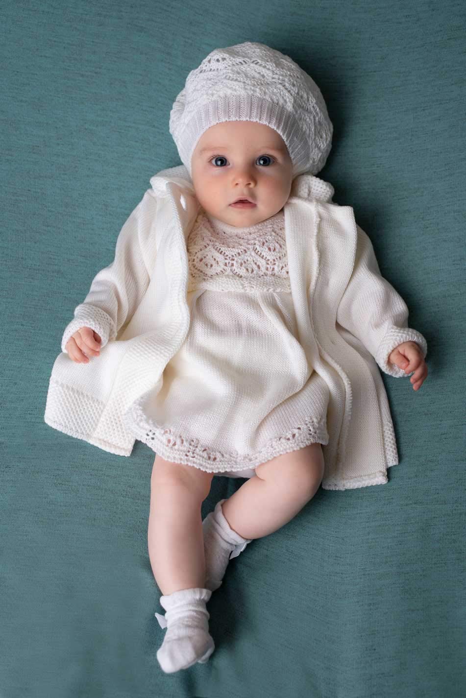 Taufkleid Mädchen Baby Festkleid Taufset Strickkleid mit Mantel Mütze Set aus Strick Ivory