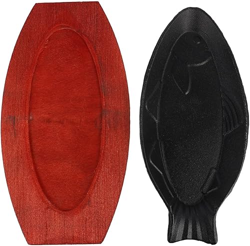Angoily Fajita - Juego de sartenes de hierro fundido, plato de carne japonés creativo en forma de pescado con base de madera para restaurante,