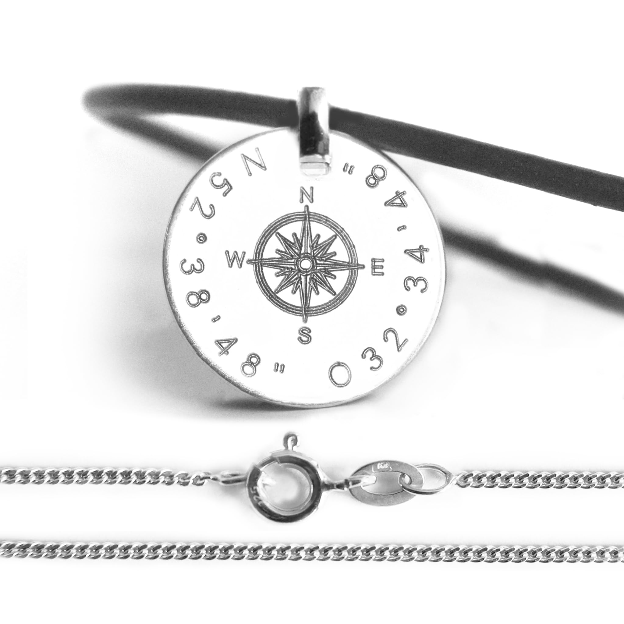 Personalisierte Kette mit Gravur Kompass & Koordinaten, Silber | Lederband oder Silberkette, Geschenkidee