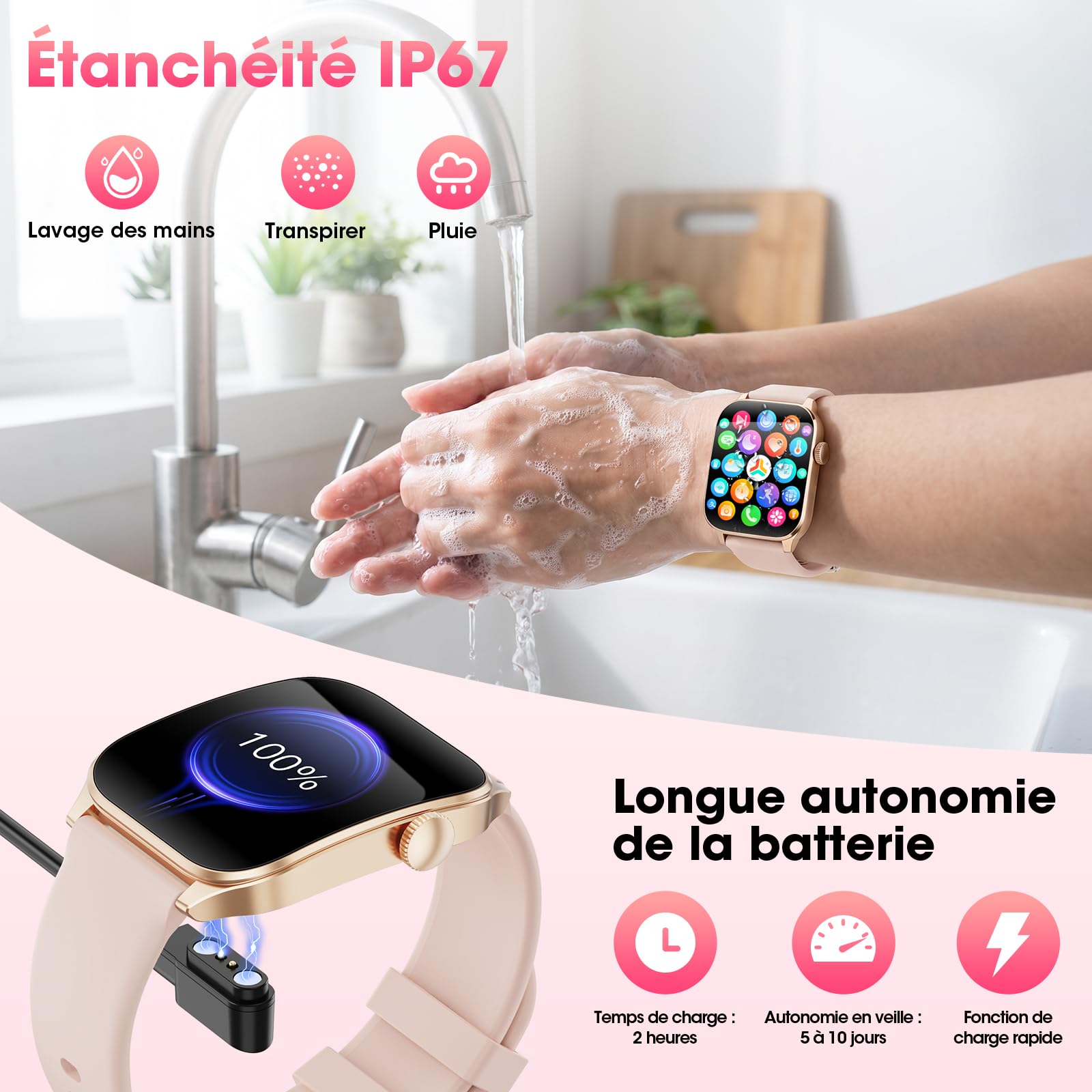 Montre Connectée Femme, 7 Bracelets Cadeau, 1,91" Écran incurvé Smartwatch | Appels Bluetooth, Assistant vocal, 100＋Modes Sportifs, Suivi Fréquence Cardiaque/Sommeil/SpO2, Etanche IP67 pour Android iOS