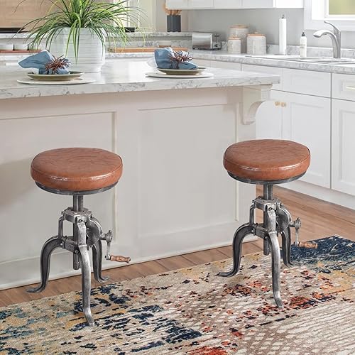 Miniatura 2 de Topower Taburete de manivela industrial antiguo de hierro fundido Silla de tres patas Taburete de bar de cuero PU