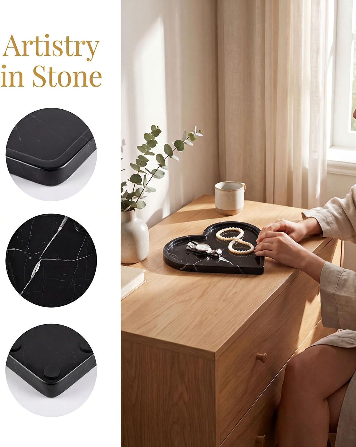 Black Marble Tray Heart Shaped, Luxury Marble Jewelry Tray Organizer