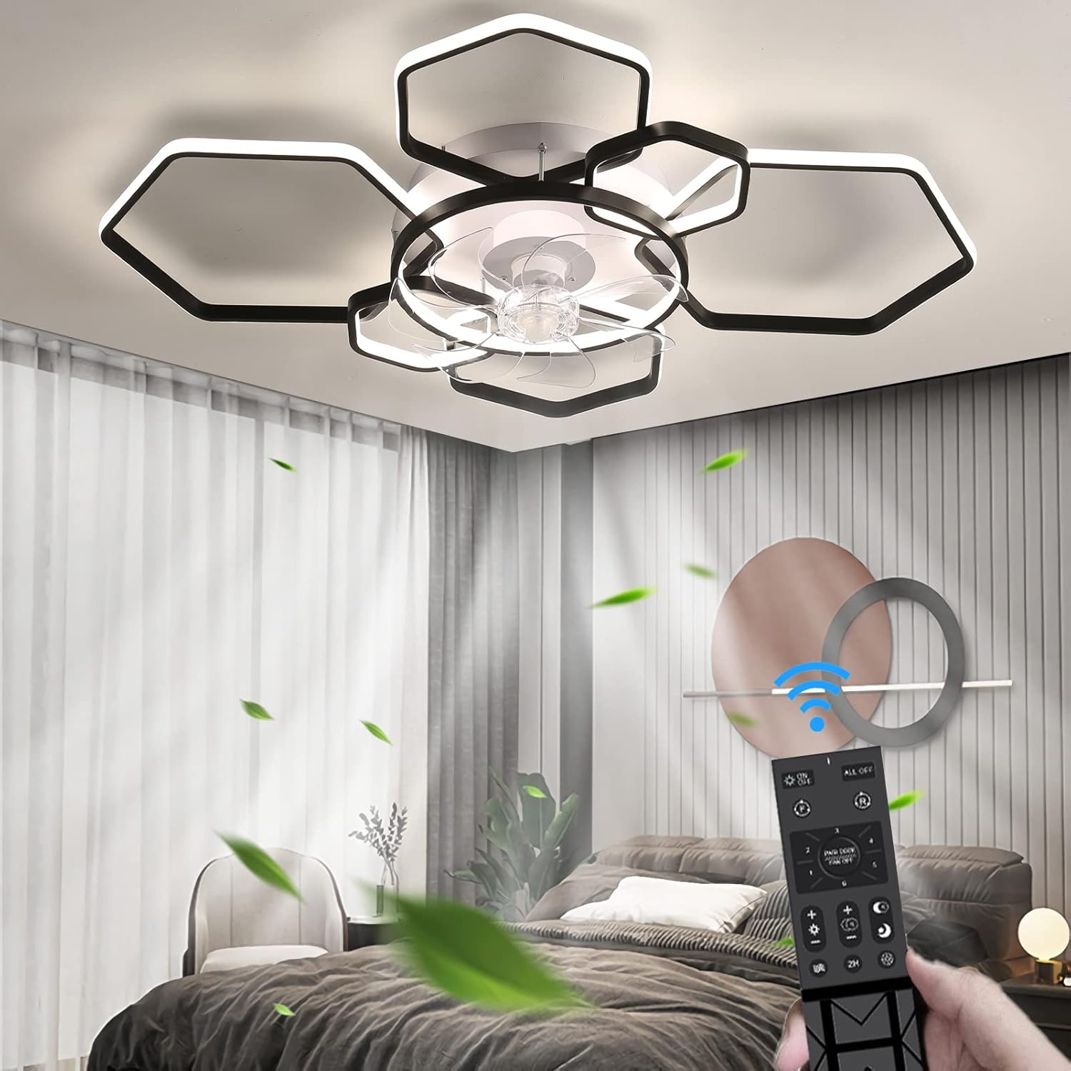YUEGOO Ceiling Fans with Lamps,6 Speed Timer Quiet Ceiling Fan Chandelier Led Dimmable Modern Ceiling Fans with Lights and Remote App for Living Room Bedroom Office/a/103Cm-Black