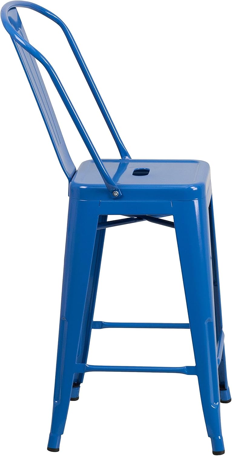BOWERY HILL Contemporary 24" Metal Counter Stool, Blue Powder Coat Finish, Galvanized Steel Construction, Curved Back with Slat, Footrest, Plastic Floor Glides, Indoor Outdoor Use Dining or Bar