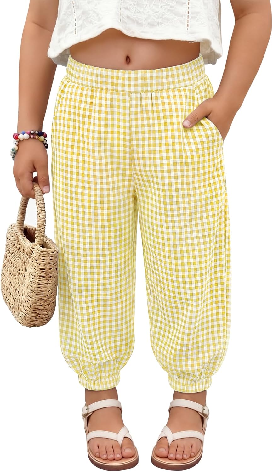 Toddler Girls Gingham Pants Baby Checkered Harem Pant Elastic Waist Plaid Jogger Infant Baggy Casual Sweatpants