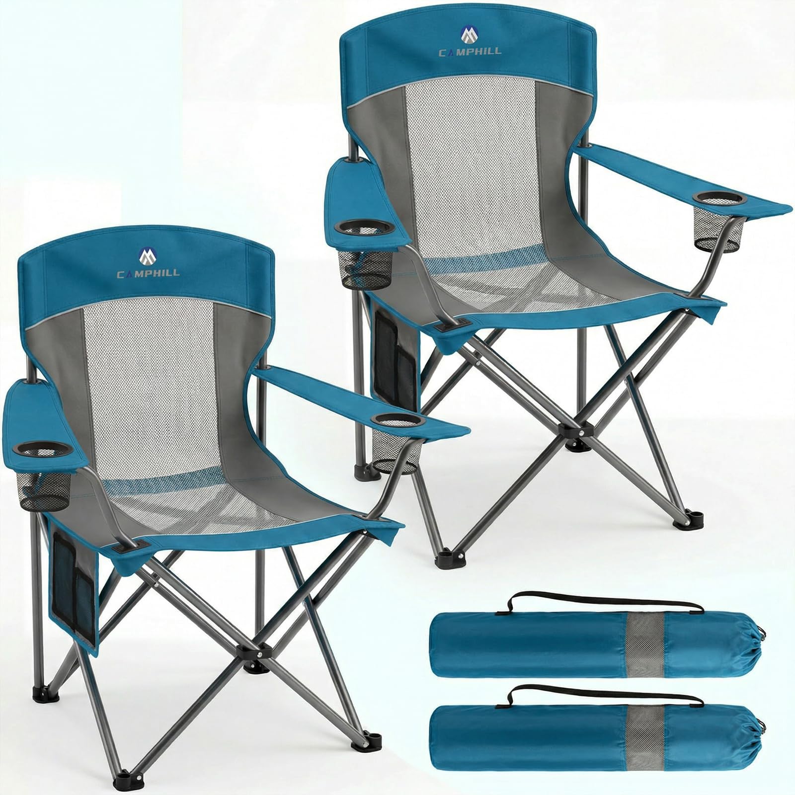 2 Pack Camping Chairs for Adults,Oversized Mesh Back Lawn Chair with Cup Holder, Side PocketBag for Outdoor,Beach,Picnic,Fishing,and Sports,Breathable,Heavy Duty,Blue
