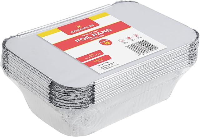 STACKABLES ~ Pack of 15 Small 20 x 13.5 x 5.3cm Aluminium Foil Pans with Lids 750ml Disposable Foil Trays Containers for Baking Cooking Freezing & Storing
