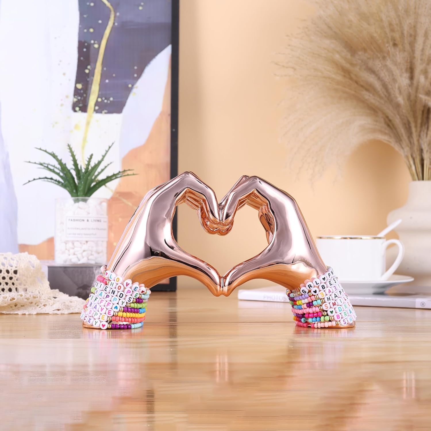 Pink heart and hand sculptures and statues, hand and heart sculptures home decor, heart and hand decor bohemian wedding decor for edgy room coffee table office living room bedroom bookshelf decor. - Image 2