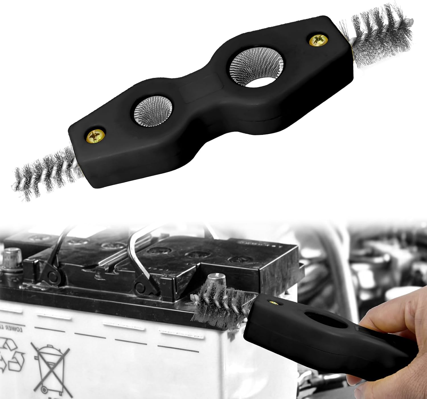 4 in 1 Car Battery Terminal Cleaning Brush, Anti-Rust Cleaner Brush Tool for Automotive Marine, Copper Pipe Brush for Plumbing Soldering Brazing, Universal Car Accessories (Black)