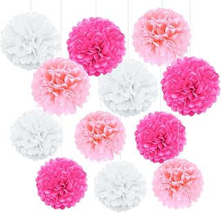 ENLACE Pompones de papel de seda, 12 unidades, color rosa y blanco, decoración de papel de seda para bodas, papel decorativo, pompones de papel, pompones colgantes para bodas, cumpleaños, bautizos