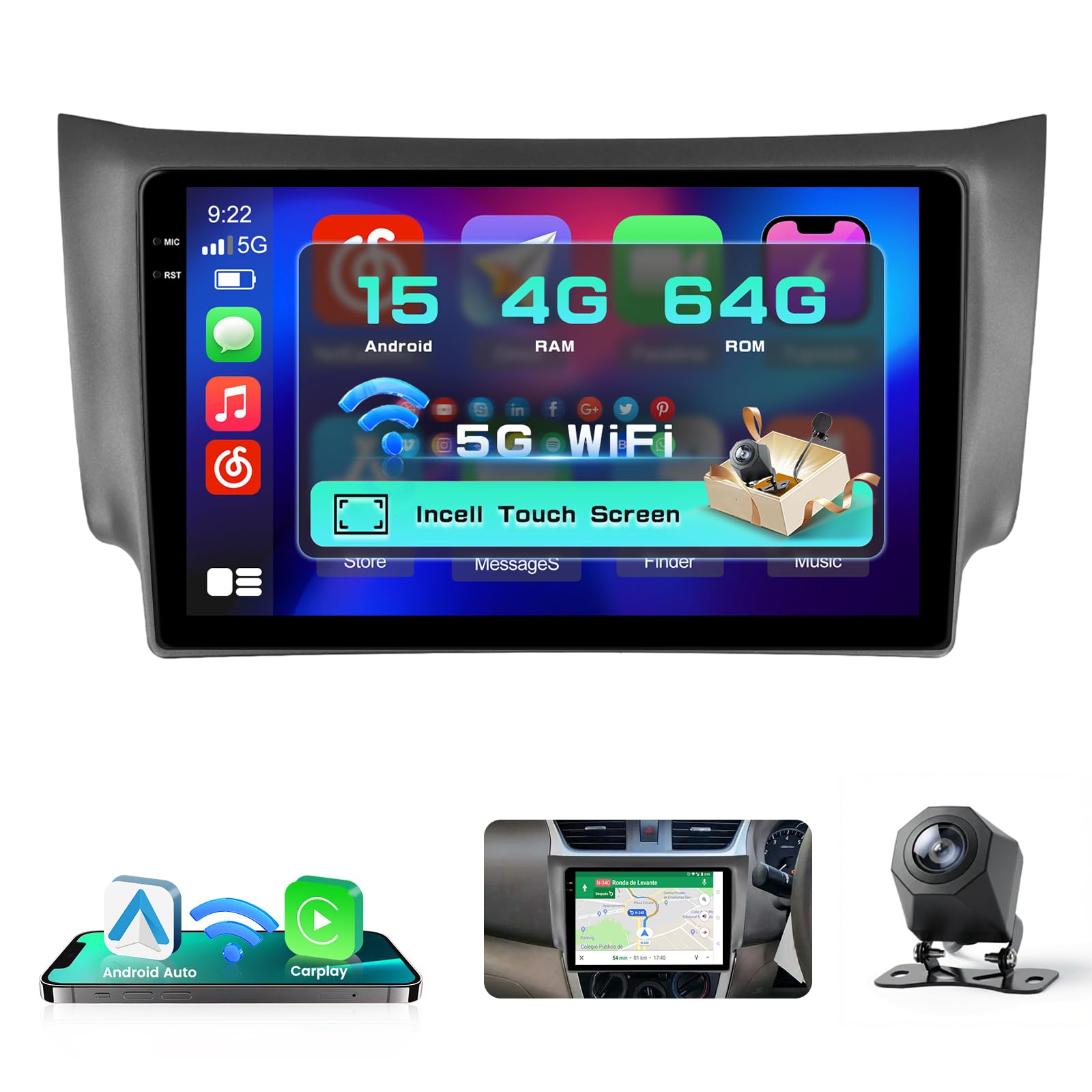 Hikity 4+64GB Radio Coche Android 15 para Nissan Sylphy Sentra B17 2016 con Carplay Android Auto Inalambrico, Incell Pantalla táctil de 10 Pulgadas con Bluetooth/GPS/WiFi/FM/RDS+Cámara Trasera+Mic