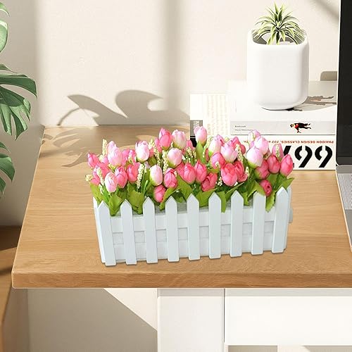 Mini White Picket Fence Table Decor, Wooden Flower Picket Fence, Plant Pot Picket Fence, DIY Plant Basket Container Planter with Foam for Home Garden Wedding Decor (B)