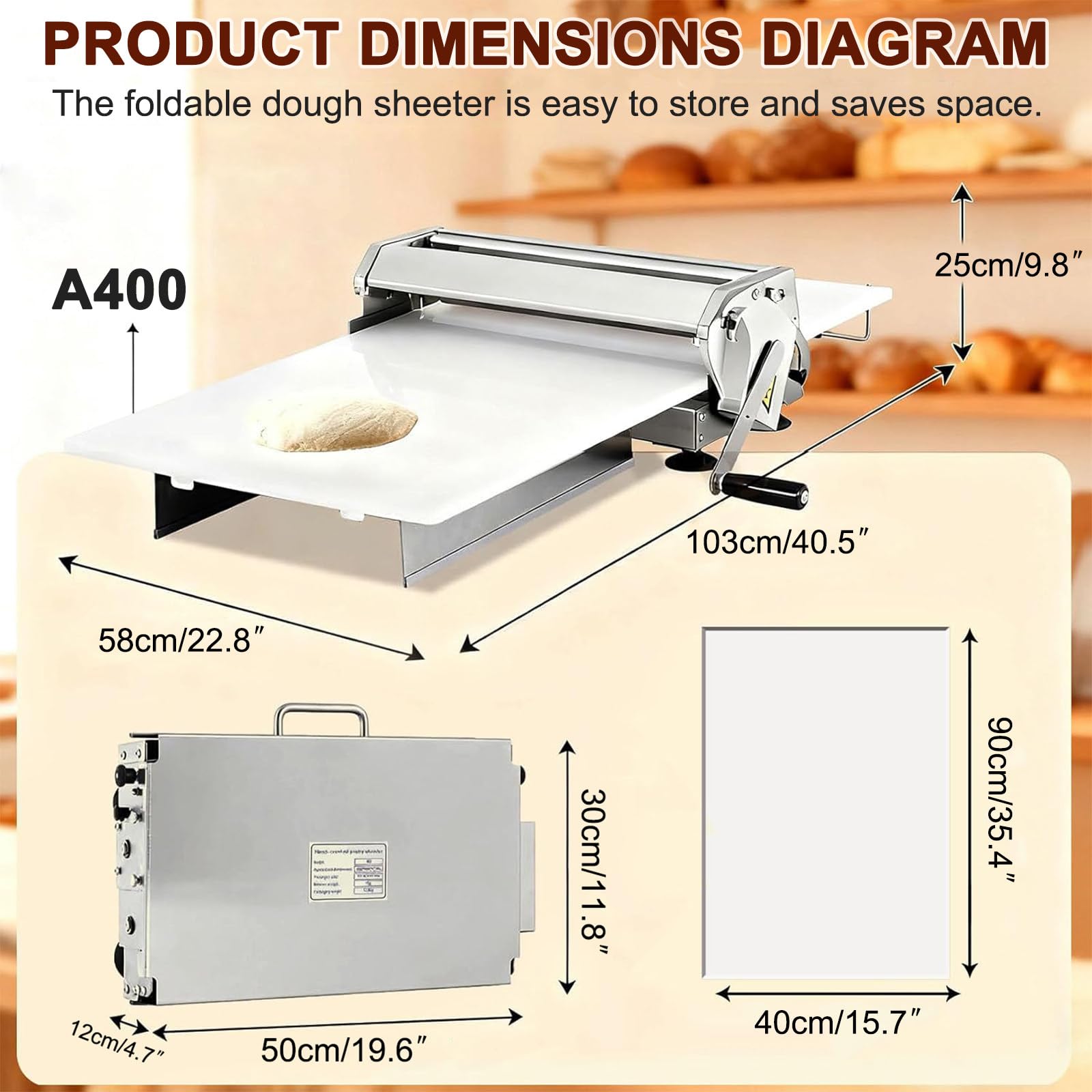 Laminoir à Pâte Pliable avec Planche à Laminer, Machine Manuelle en Acier Inoxydable avec épaisseur Réglable, pour Croissants, Pizzas et Pâtisseries A400