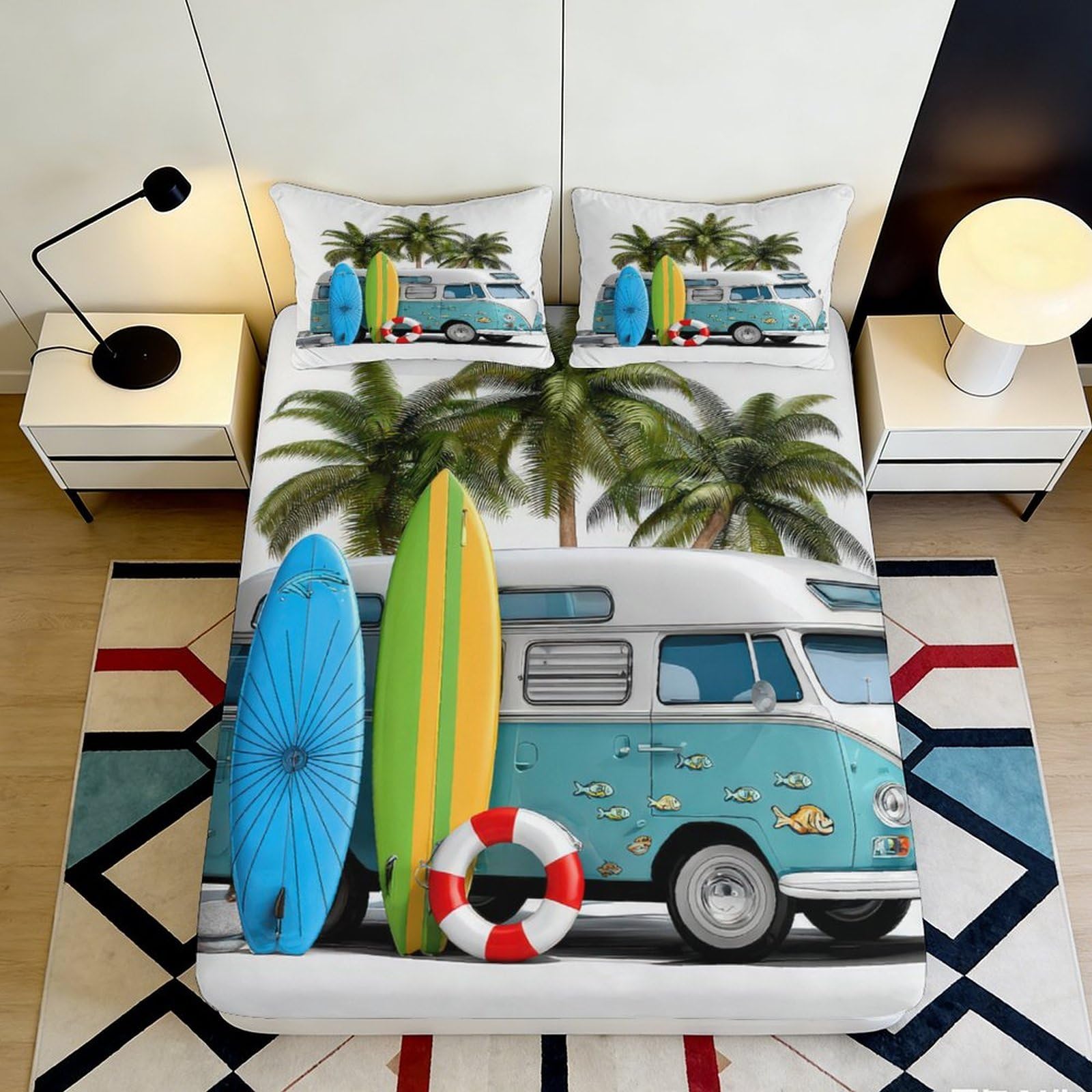3D Printed Beach Van Fitted Sheet Microfiber Surfboard Palm Mattress Cover Anti-Slip Decor for Bedroom Dorm Easy Care 160x200x25cm