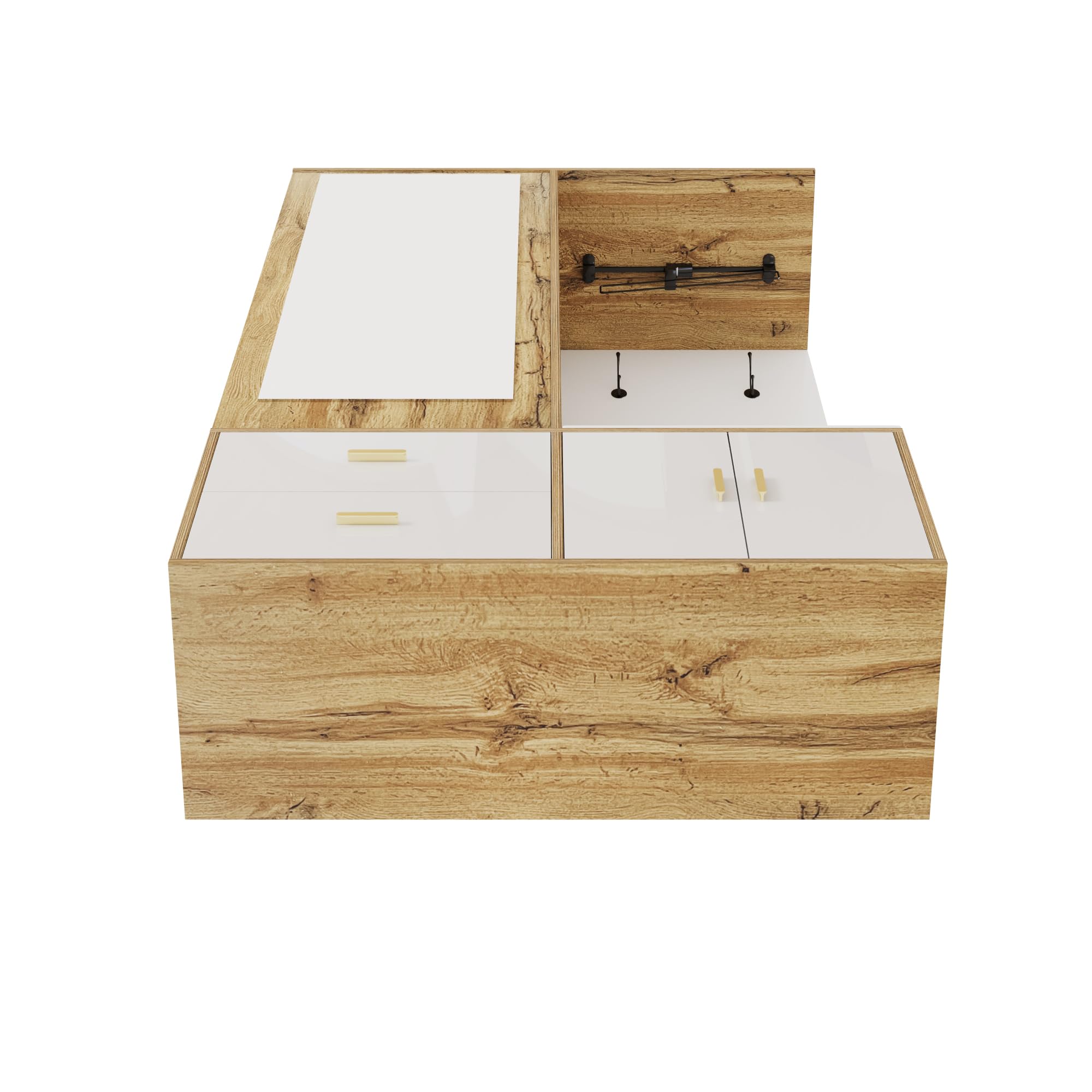 Moderno armario de entrada, juego de perchero con espejo, zapatero, zapatero con gancho y barra extensible, 100 x 38 x 180 cm (color blanco y madera)