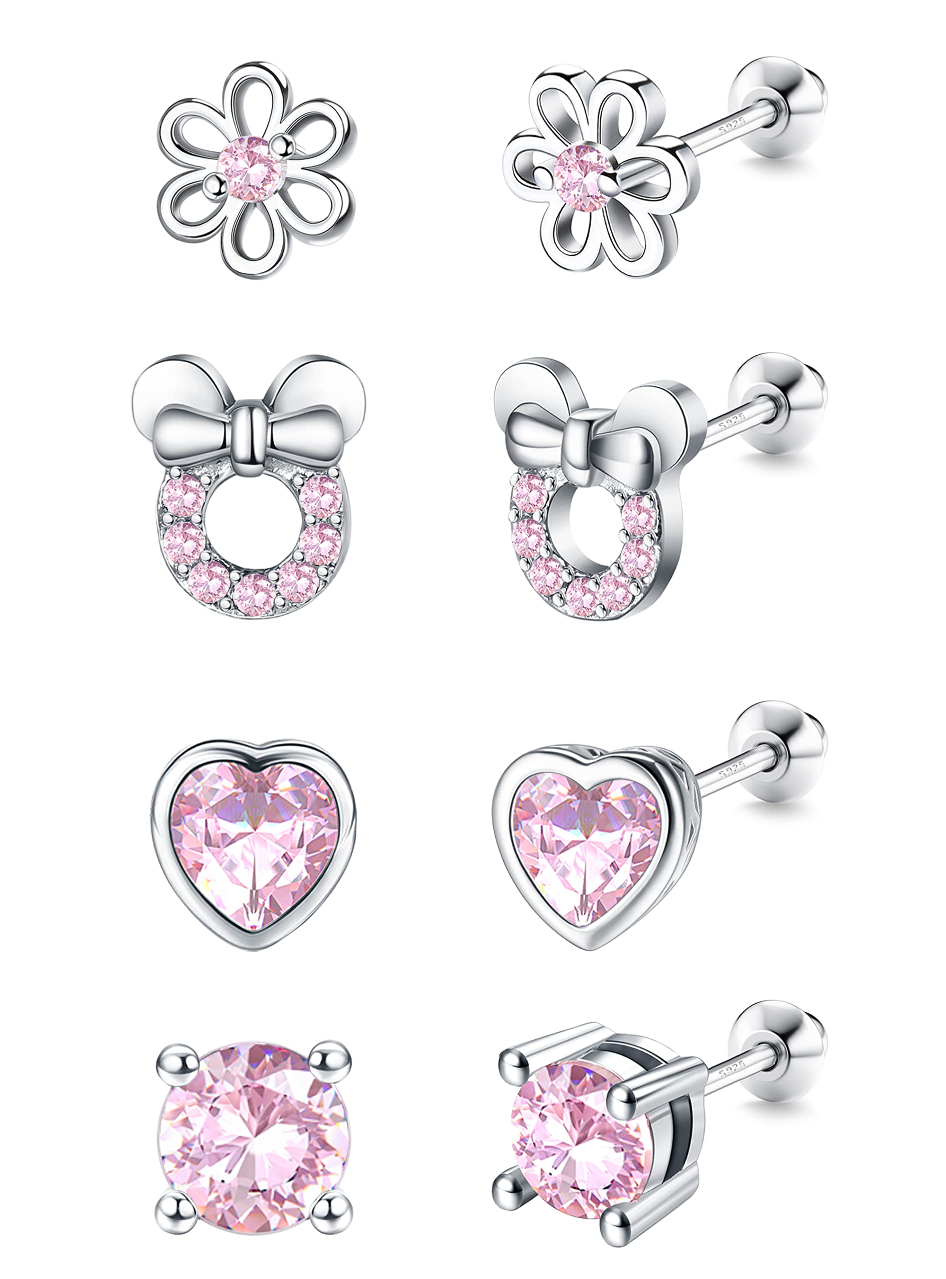 LOLIAS 4 Pares Pendientes Niña Plata Hipoalergénicos Forma Corazón Flor Mariposa Mujeres Aretes Circonita Cúbica Conjunto Lindos Pendientes Rosas Joyería para Regalo
