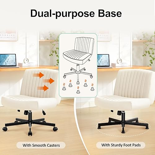 Miniatura 4 de Silla cruzada con ruedas, escritorio de oficina grueso acolchado de cuero con patas cruzadas, pelo C con cojín de resorte de bolsillo, base de doble