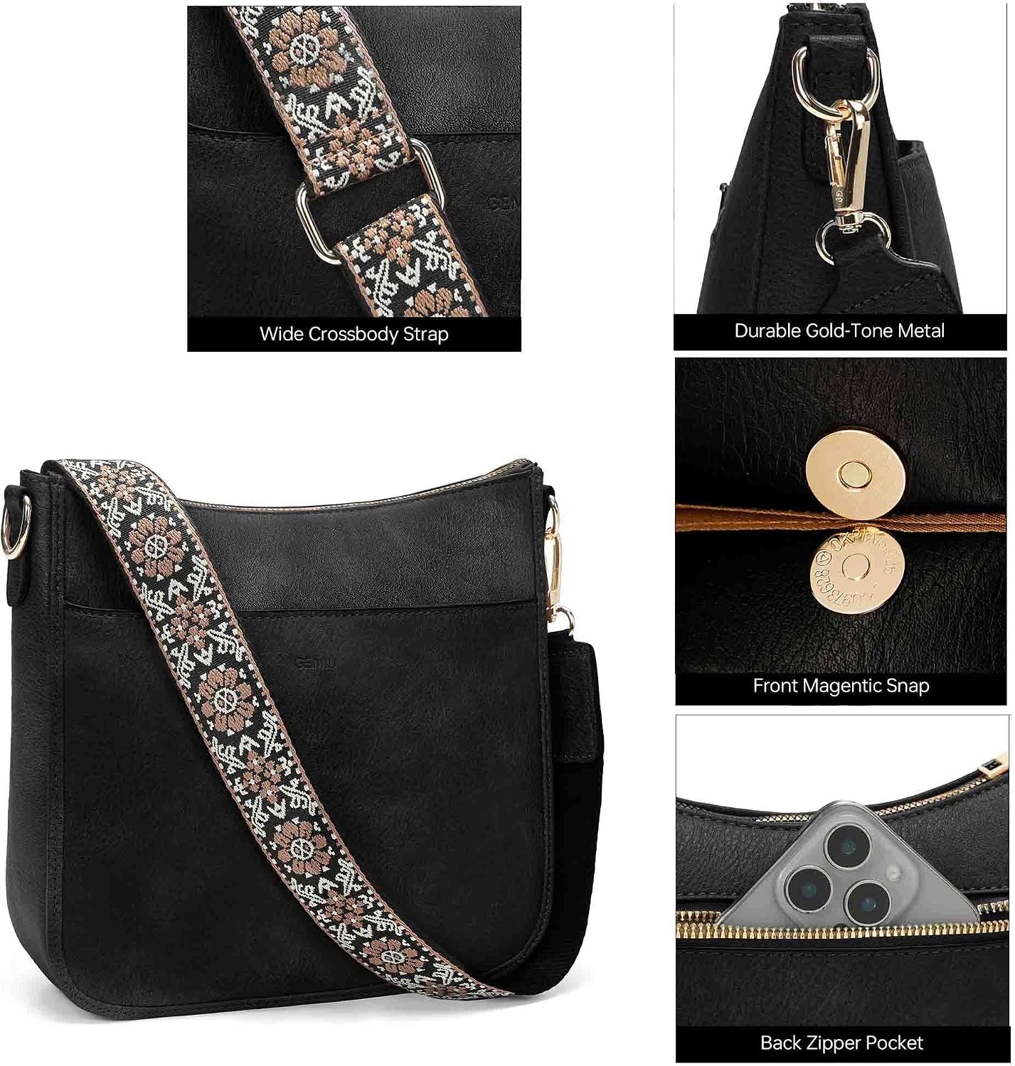 GEMIU Crossbody Purse Hobo Crossbody Bags for Women Trendy Vegan Leather Shoulder Handbags with Guitar Strap Black