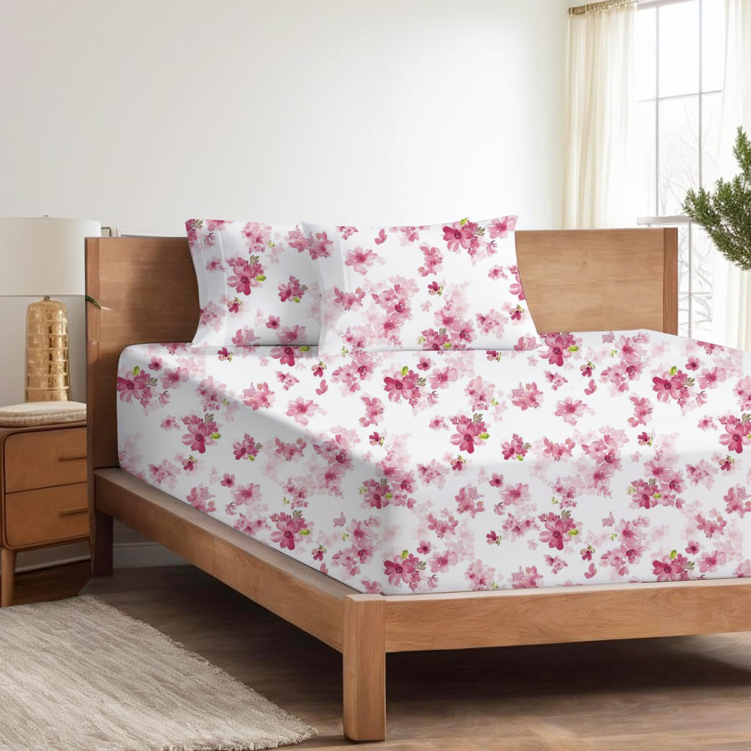 Floral Pink Double Size Bedsheet Set – Ultra Soft Microfiber Flat Sheet with 2 Pillow Covers | Wrinkle-Free, Fade Resistant, Cooling & Breathable Bedding for All Seasons