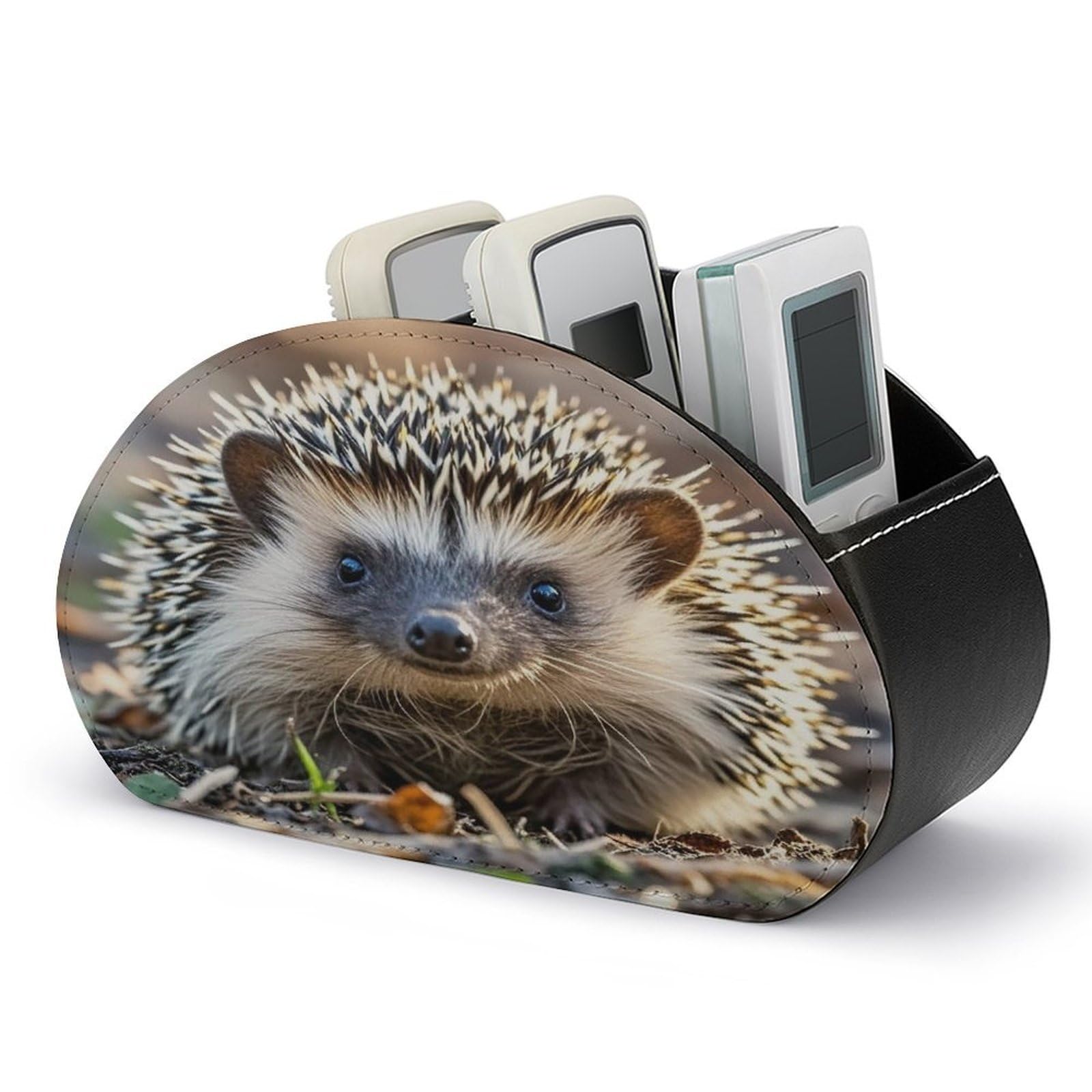 FekiLoot Hedgehog TV Remote Control Holder with 5 Compartments Multi-functional Leather Bedside Table Remote Caddy Desktop Storage Box for Store Pen Controller Media Player Cosmetic