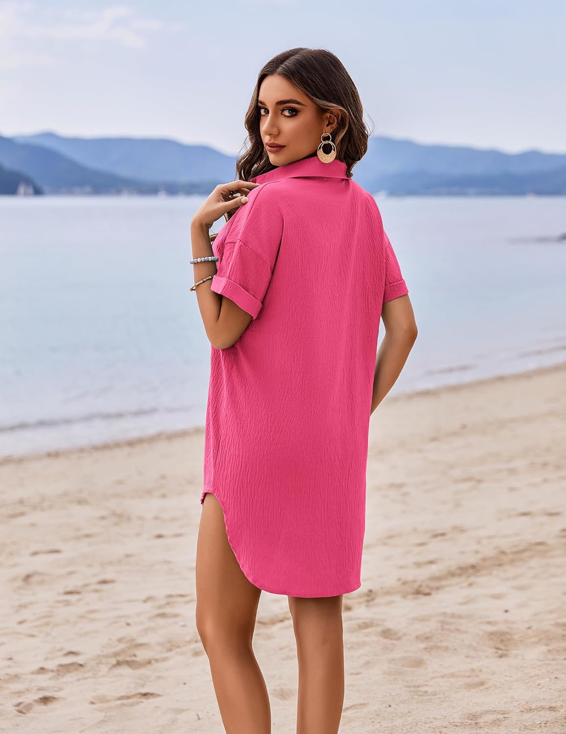 AI'MAGE Women's Swimsuit Coverup V Neck Bathing Suit Cover Up Shirt Short Sleeves Beach Bikini Swimwear Dress S-3XL - Image 5