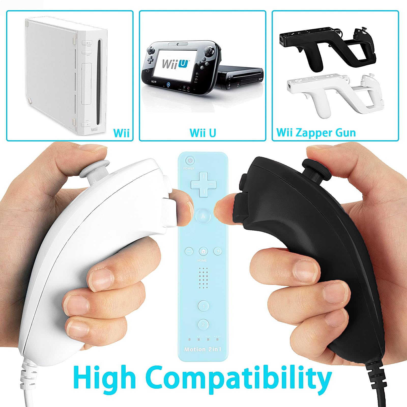 SWeien Wii Nunchuck Controller, 2 Packs Nunchuck Joystick Compatible with Wii consoleļ¼Black & Whiteļ¼ - 5