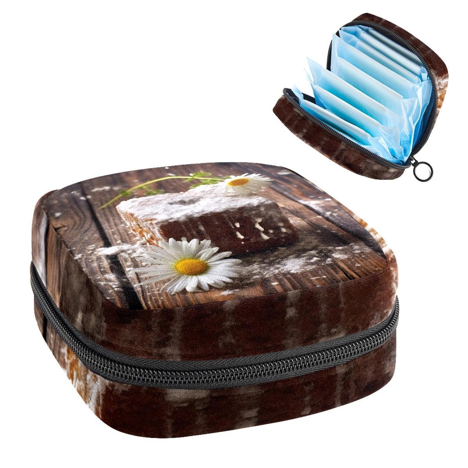 Sanitary Napkin Storage Bag for Women Cute, Feminine Menstruation Pad Holder for Period, Portable Zipper Menstrual Pad Bags Cute Cake with Daisy on Wood Background