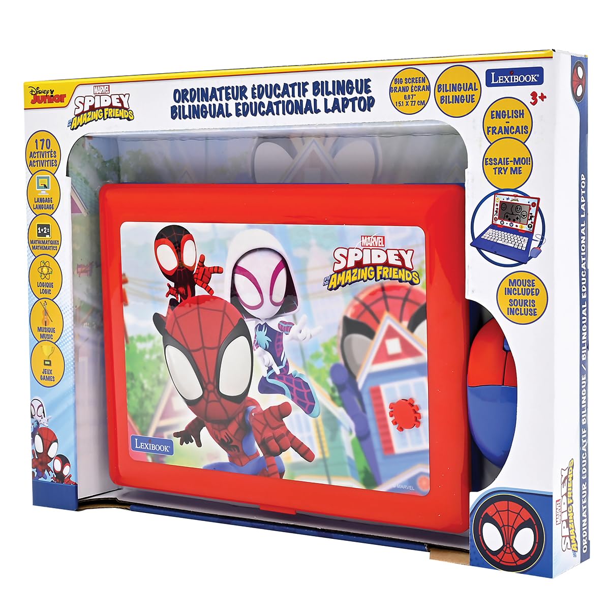 Lexibook, Spidey i jego niesamowici przyjaciele, dwujęzyczny i edukacyjny laptop francuski/angielski, zabawka dla dzieci, 170 zajęć do nauki, czerwony/niebieski, JC599SPi1LXB