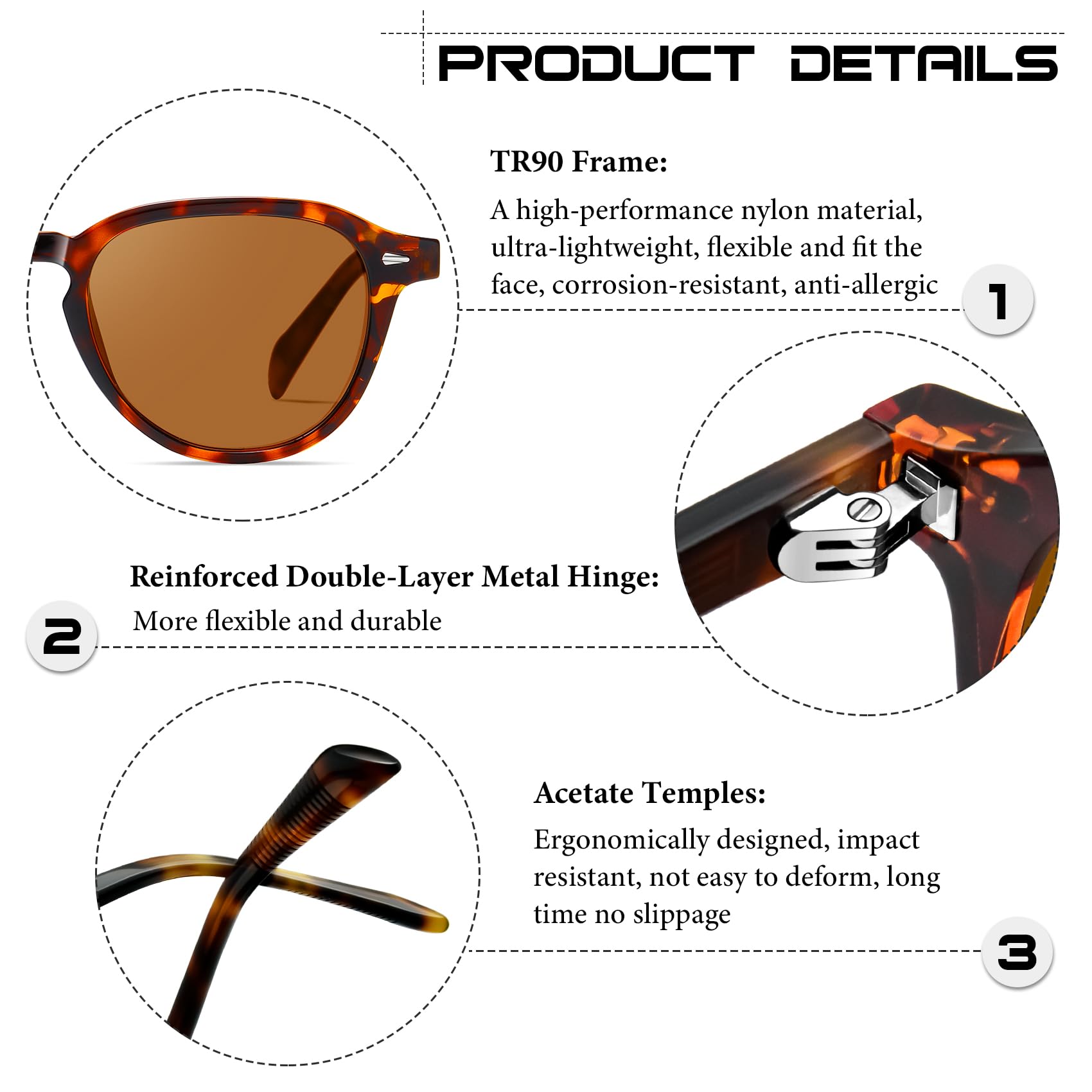 KANASTAL Gafas de Sol Polarizadas Montura TR90-Acetato con Estuche de Cuero para Mujer y Hombre Protección UV400, Conducir, Uso Diario, Viajar