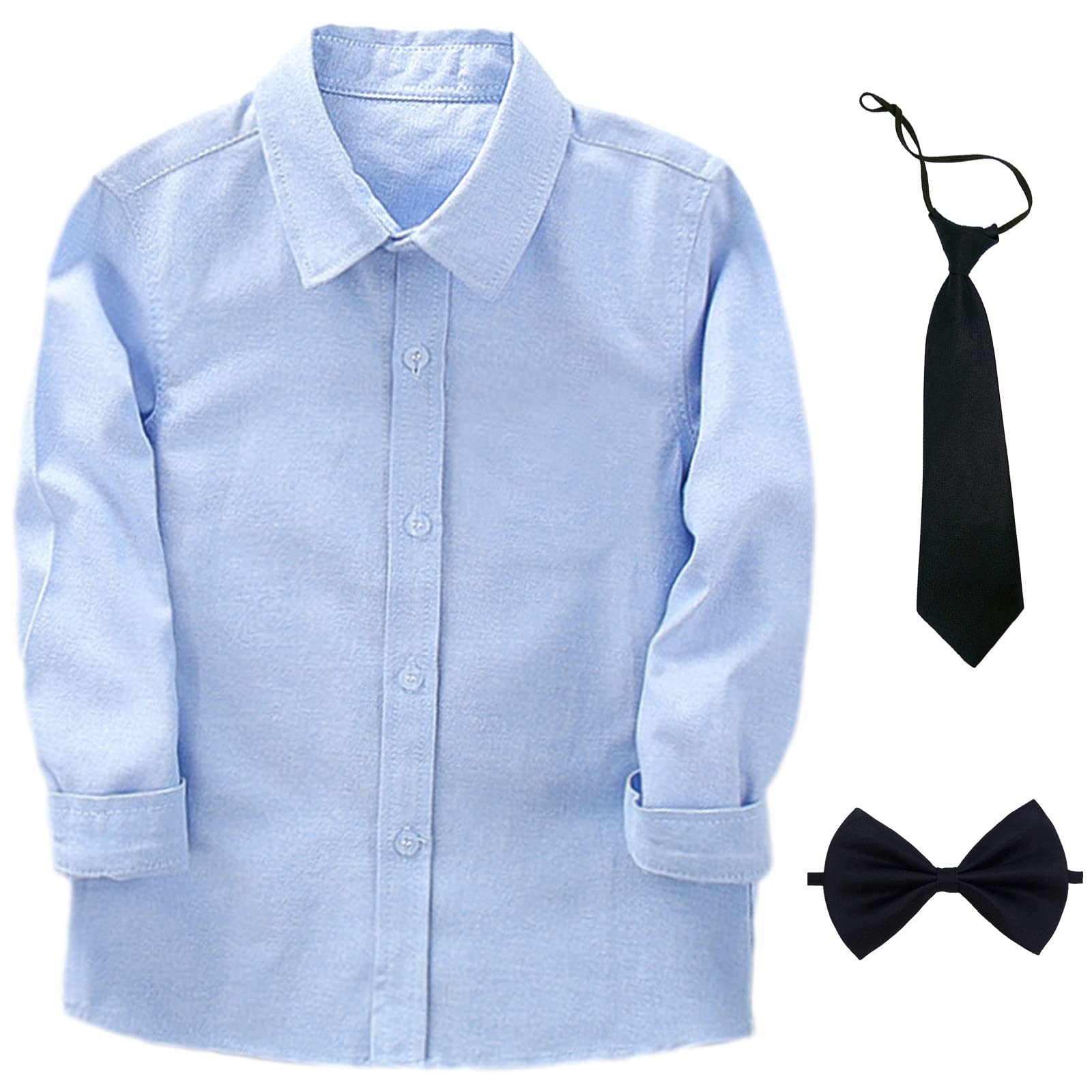 aromm Camisa Niño Uniforme Escolar con Corbata y Pajarita Abotonar Formal Manga Larga Sólido Oxford Camisa