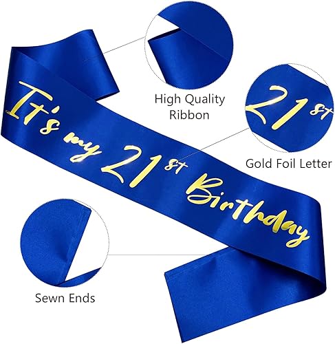 Miniatura 2 de Banda de cumpleaños número 21, bandas suaves de satén azul con letra de lámina dorada, decoraciones de cumpleaños para niñas o niños, suministros de